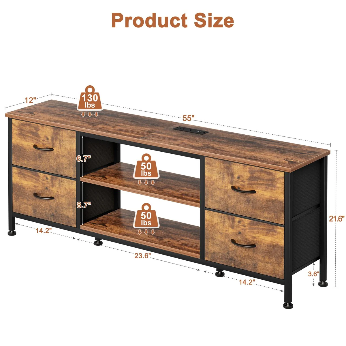 Dresser TV Stand with Power Outlet 4 Fabric Drawers for 60 TV Bedroom