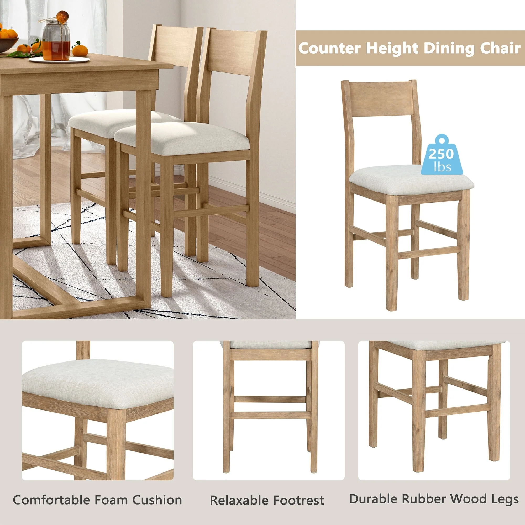 Farmhouse Counter Height 5-Piece Dining Table Set with 1 Rectangular Dining Table and 4 Dining Chairs for Small Places