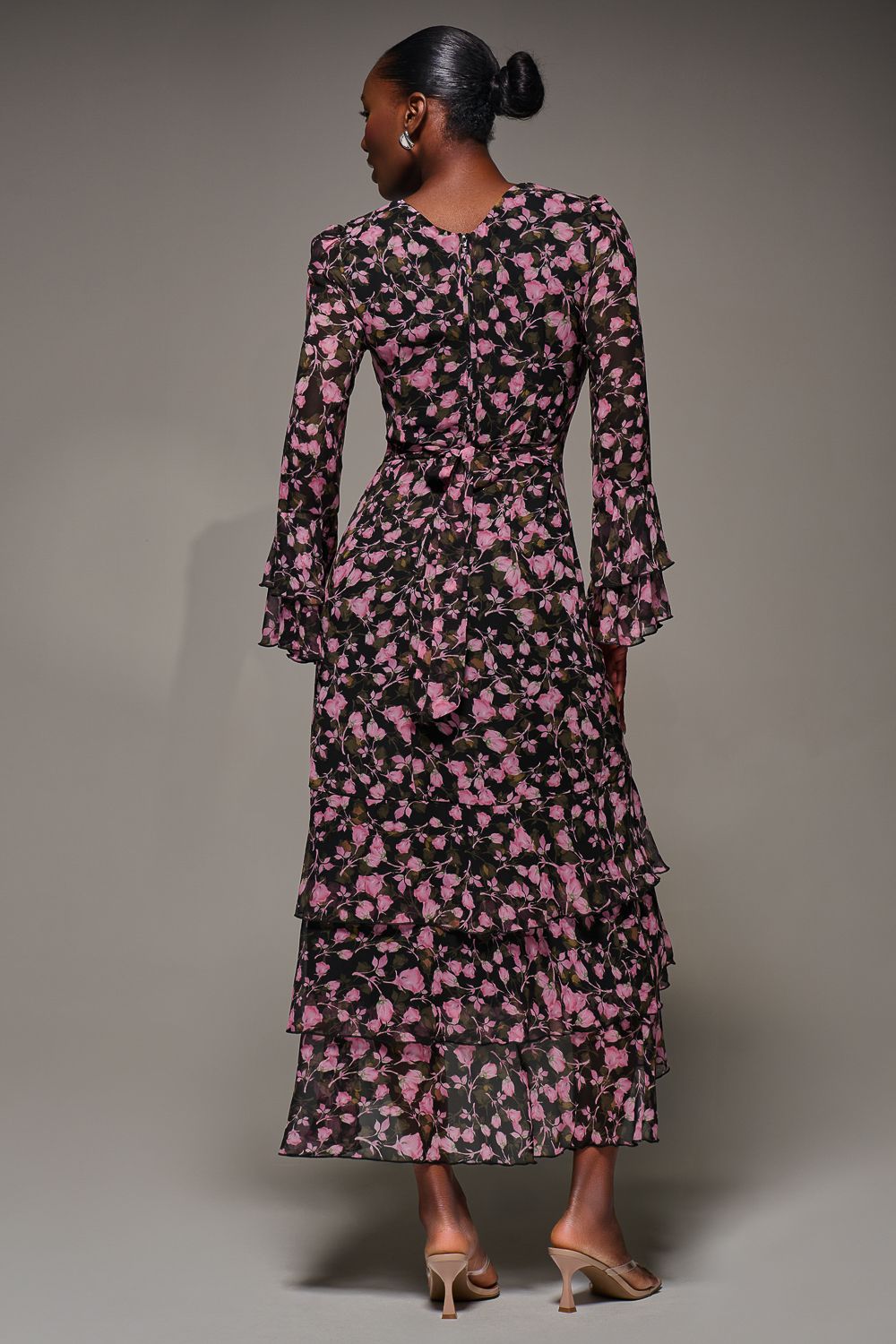 Jolie Moi Ruffled Long Sleeve Tiered Chiffon Midaxi Dress