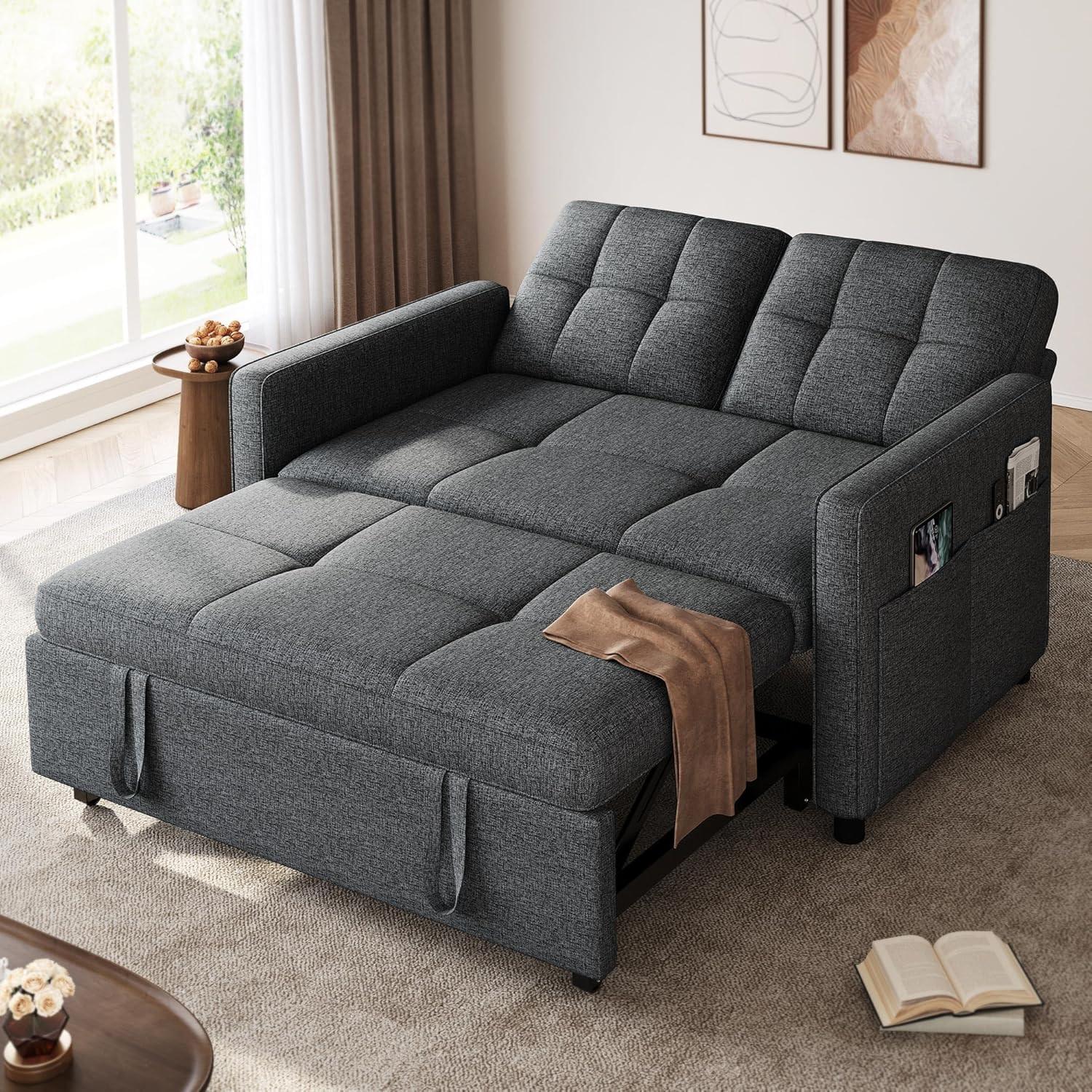 DWVO 55 Convertible Sofa Bed, 3-in-1 Sleeper Sofa with Pull-Out Bed, Linen Futon Couch with Adjustable Backrest and Side Pocket, Modern Loveseat for Living Room Apartment, Grey