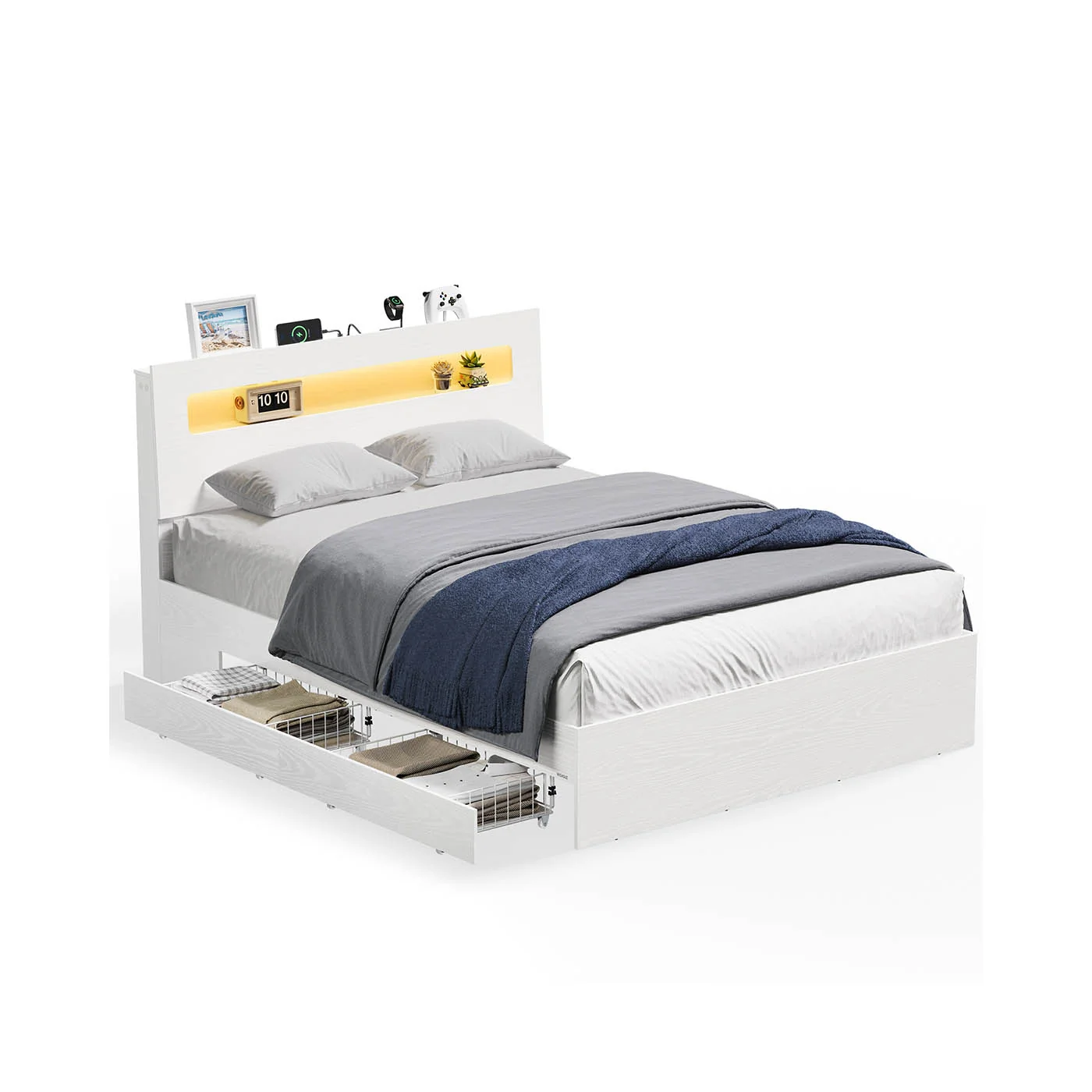 Cadre de lit avec tiroirs coulissants et LED pour chambre moderne