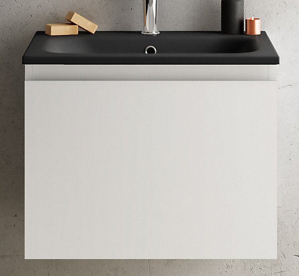 Meuble vasque suspendu blanc mat l.60 cm   plan vasque noir mat résine, Pura