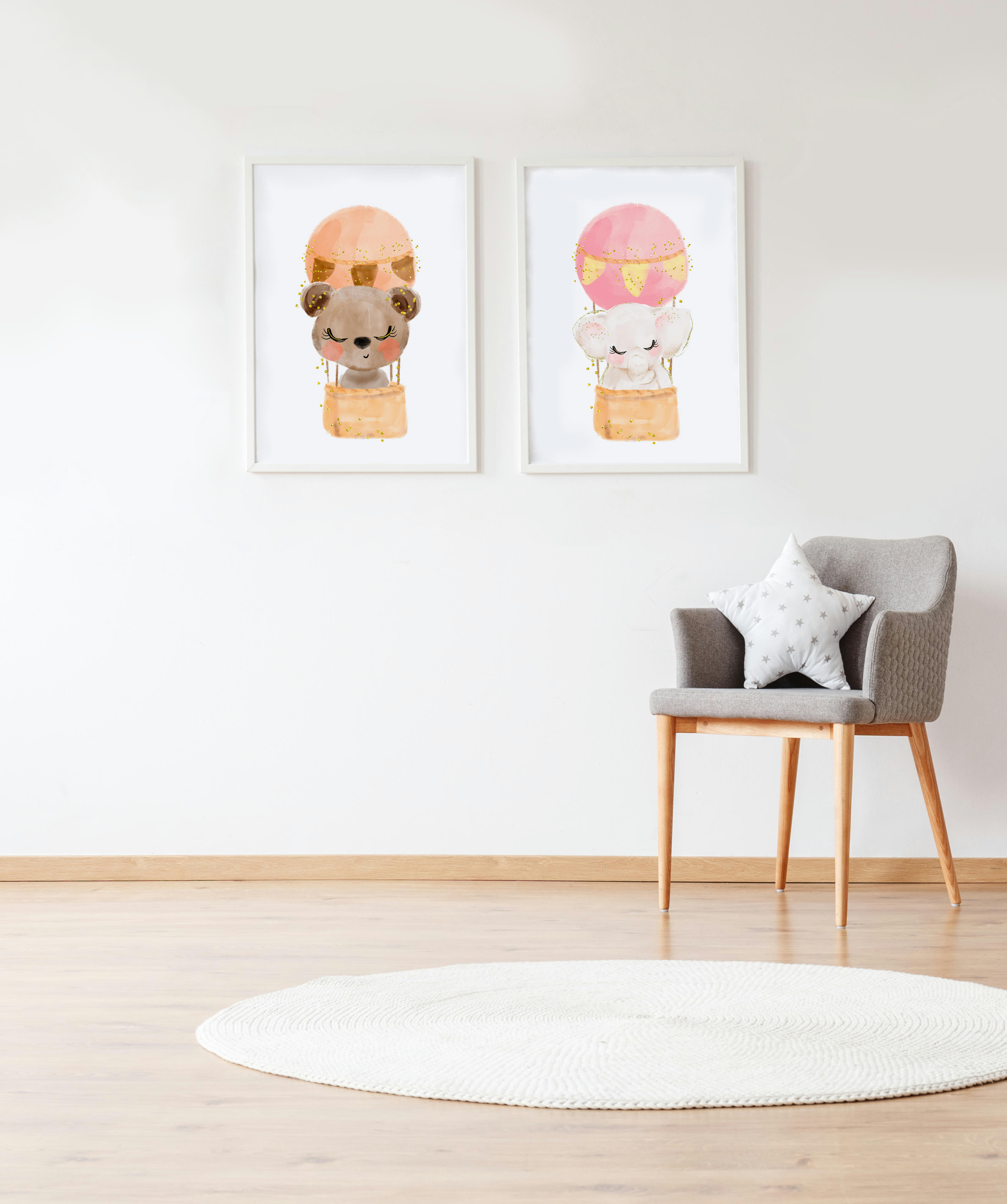 DECOWALL - Pack encadré bois blanc impression le animaux et ours 43X33 cm