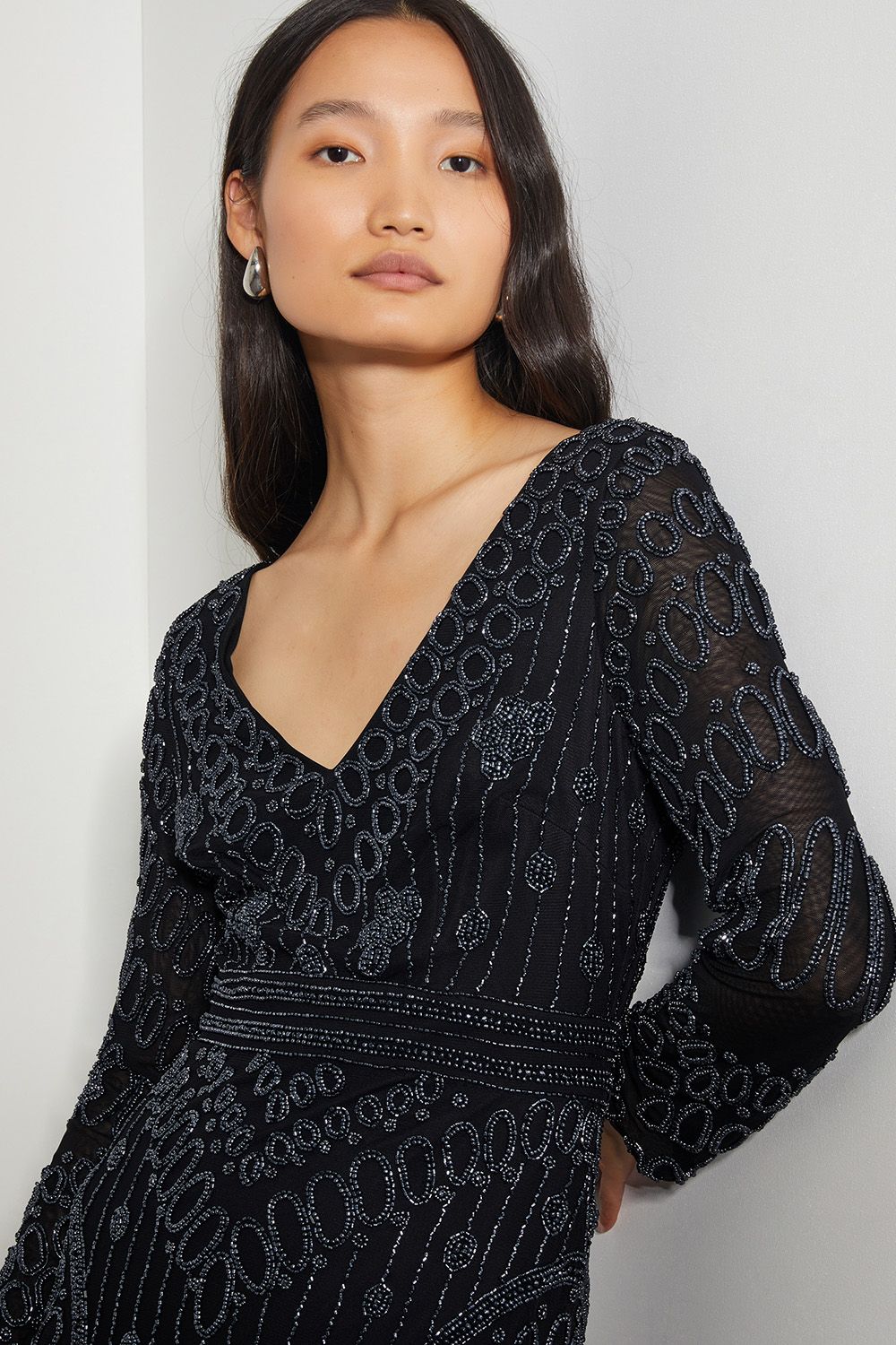 Monsoon Lorelai Beaded Long Sleeve Maxi Dress Black