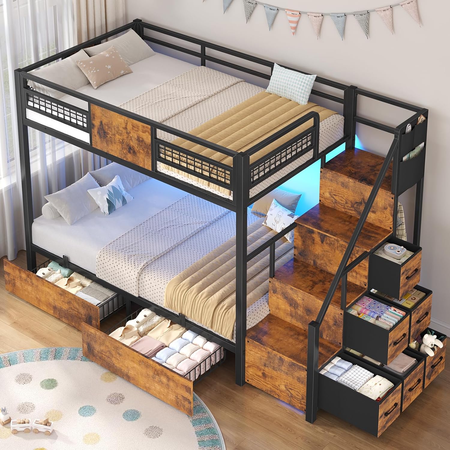 BTHFST Bunk Bed Twin Over Twin with Stairs, LED Lights Twin Bunk Bed with 2 Storage Drawers & 6 Fabric Drawers, Metal Twin Loft Beds with Guardrail & Stairs, Space Saving, Sturdy Frame