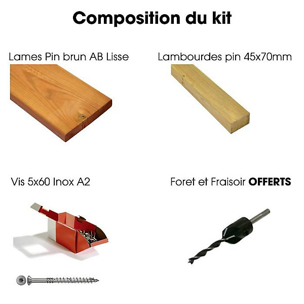 Kit terrasse complet - PIN BRUN - AB LISSE - Ep.27 mm x l.145 mm - L.4,2 m/ 25 m²