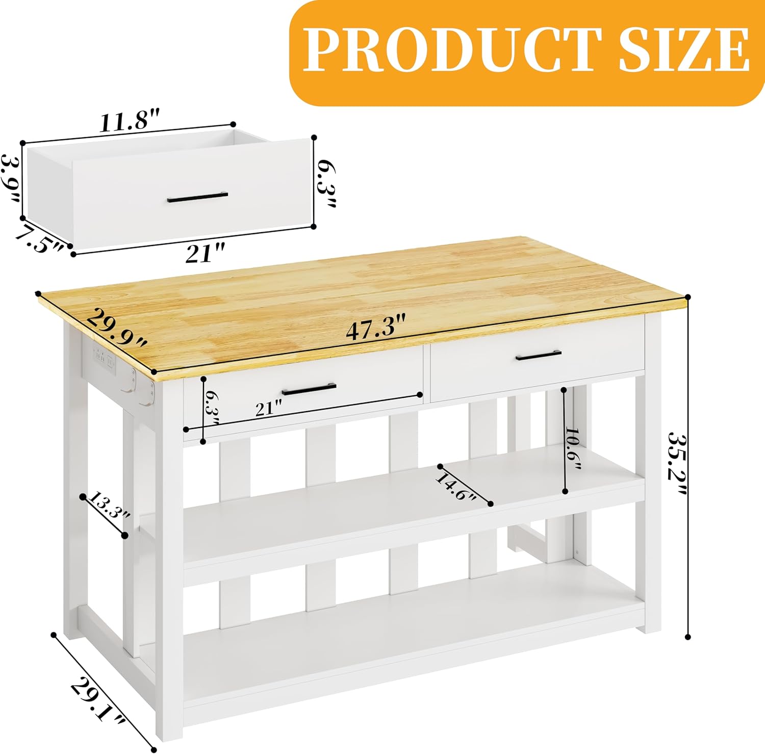 47.3 Solid Rubberwood Kitchen Island with Power Outlets - Extra Large Work Surface, 2 Drawers & Open Shelves Storage Cabinet for Kitchen Dining Room, Farmhouse Style (White)