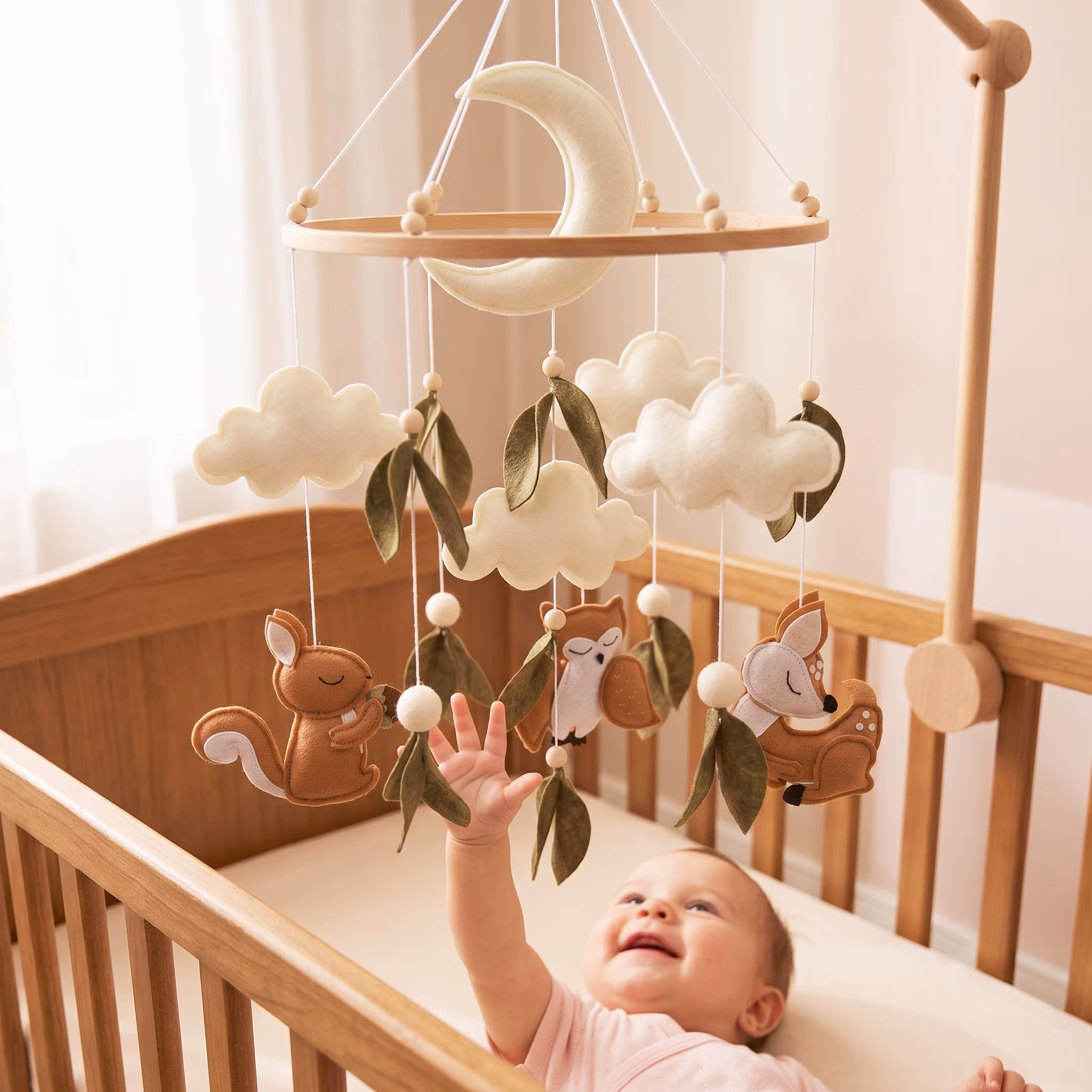 Woodland Crib Mobile: Deer, Owl, Squirrel + Wooden Holder & Music, Neutral Baby Shower Gift, Newborn Nursery Decor