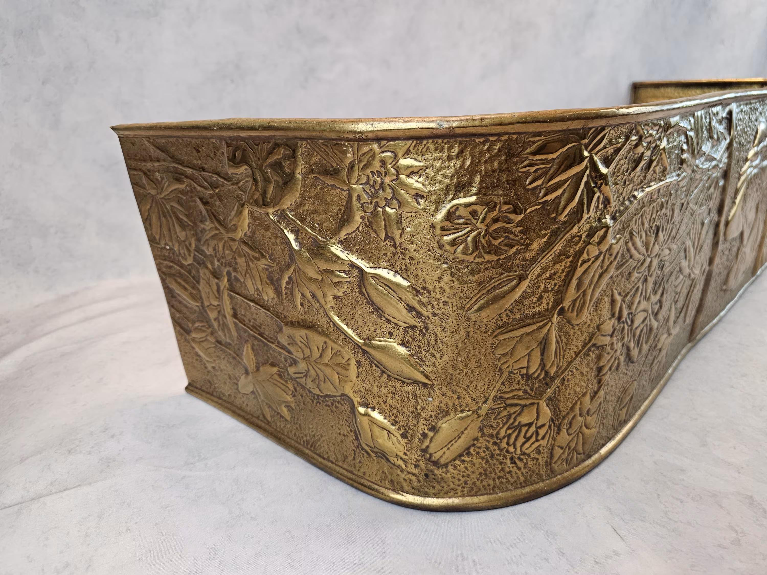 Vintage Brass Fireplace Fender | Victorian Repoussé Botanical Panels