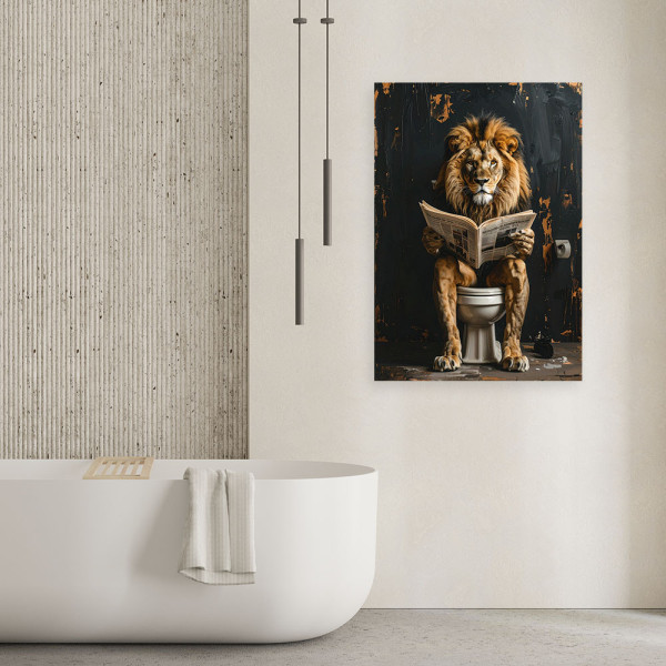 Obraz nowoczesny do łazienki wc pokoju humor, Lew czytający gazetę 20x30