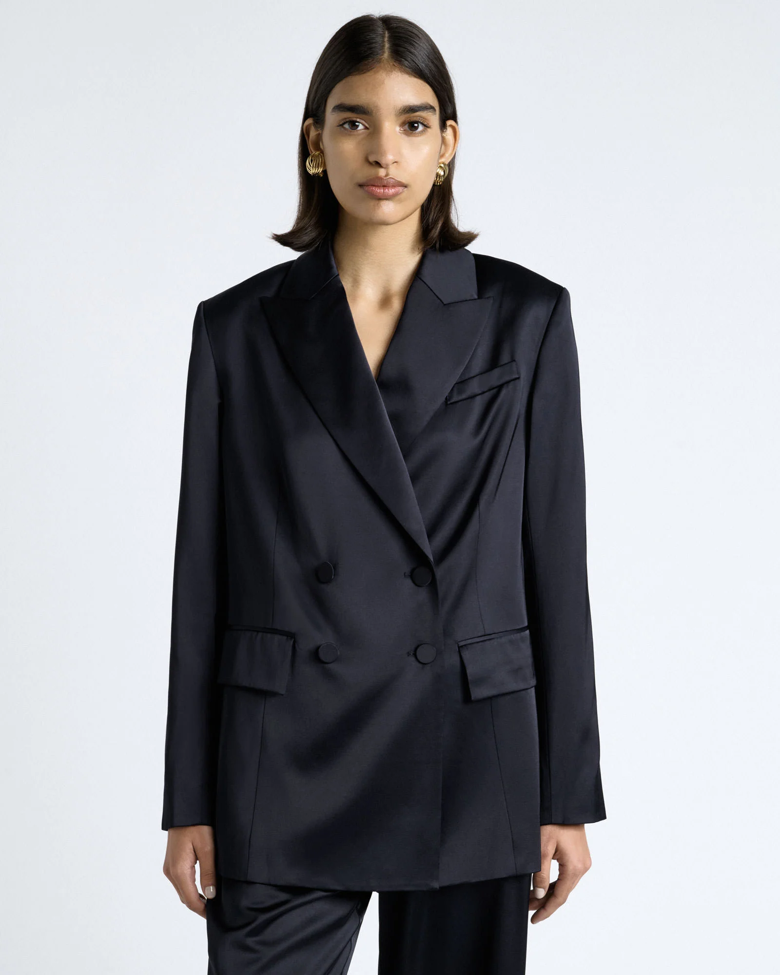 Dark Ink Matte Satin Viscose Double Breasted Blazer