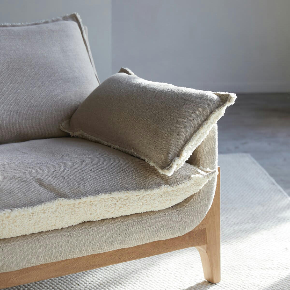 WOODNEST - Canapé en chêne massif et tissu Linen 3 places