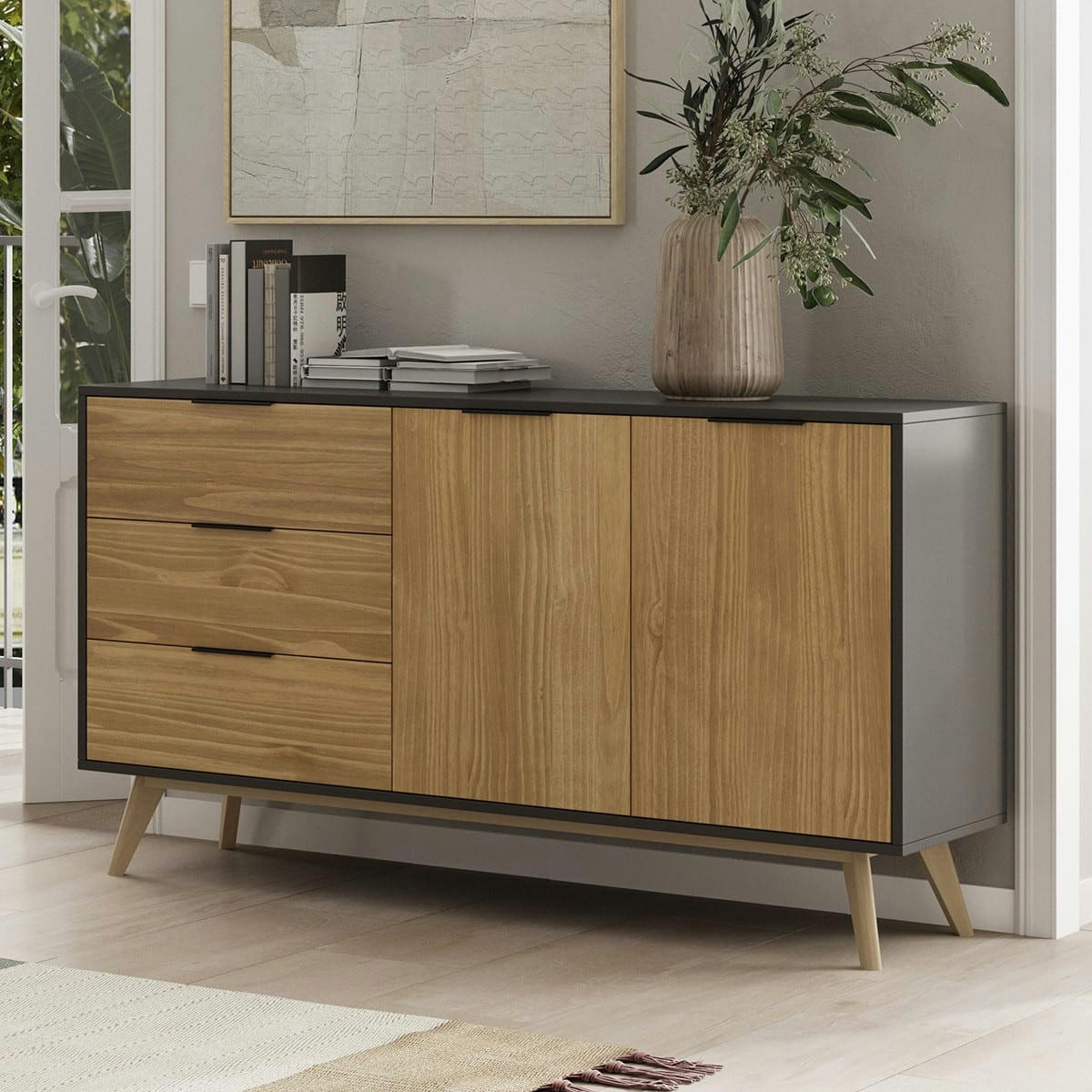 TIMEO - Buffet 2 portes 3 tirois en pin massif / noir 140 cm