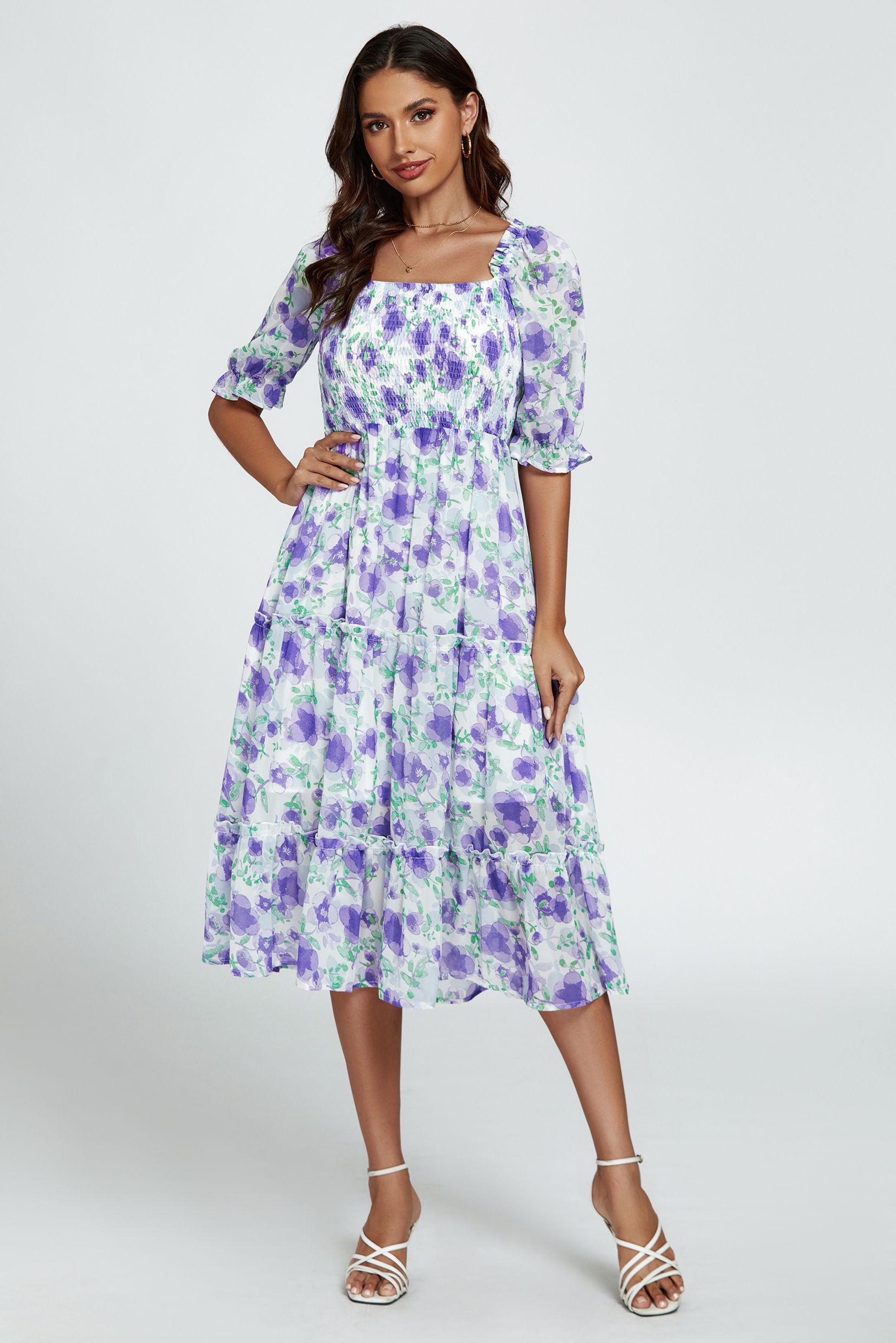 FS Collection Floral Print Bardot Puff Sleeve Elasticated Detail Midi Dress In White