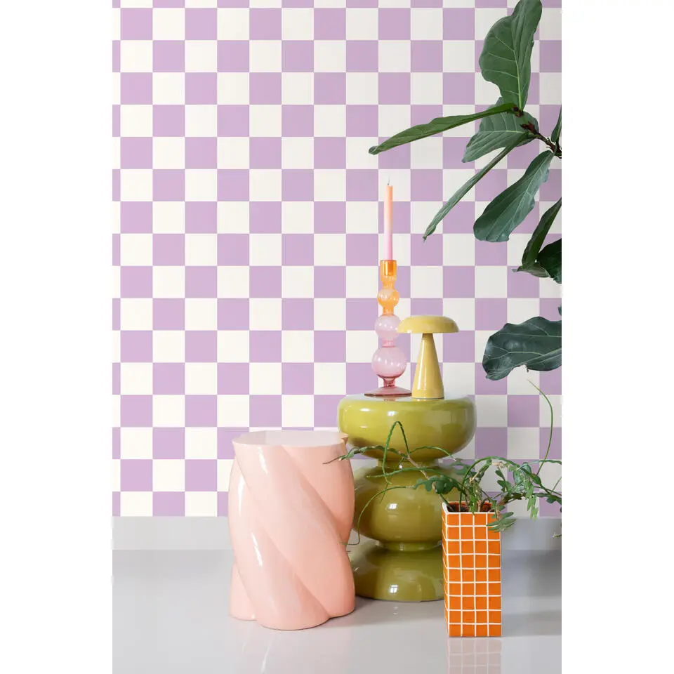 ESTAhome behang geblokt motief lila paars en wit - 53 cm x 10.05 m