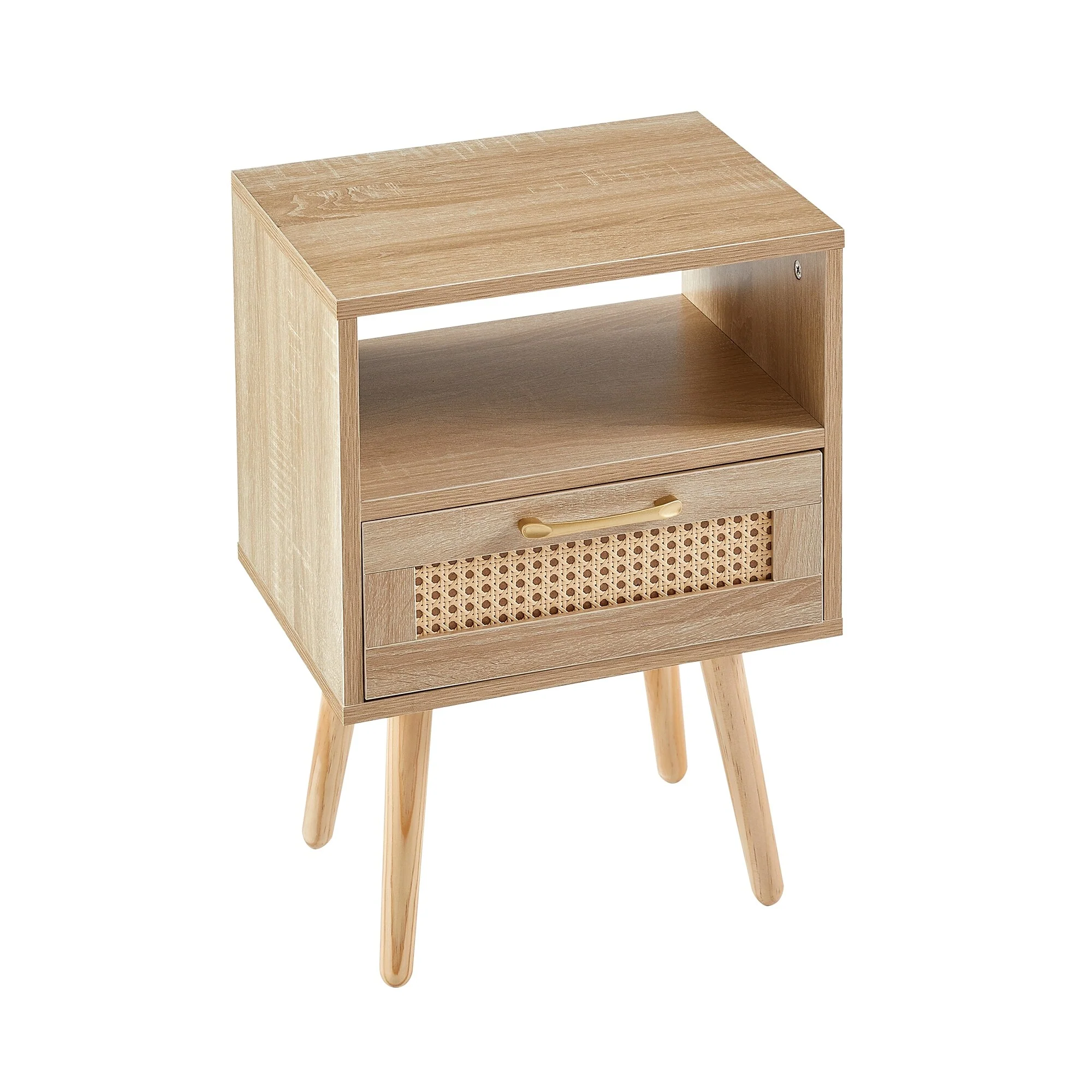 Rattan Nightstand With Drawer And Solid Wood Legs