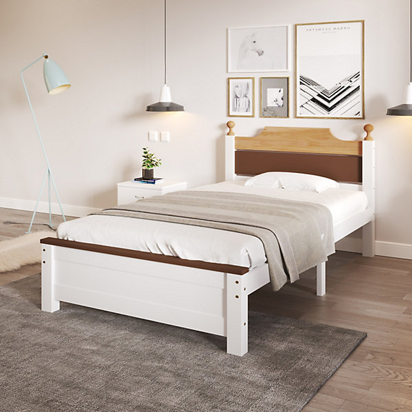 Lit simple 90x200 cm en bois de pin avec pied central, tête et pied en MDF, design Colour-Blocking blanc, lit pour ado et adulte