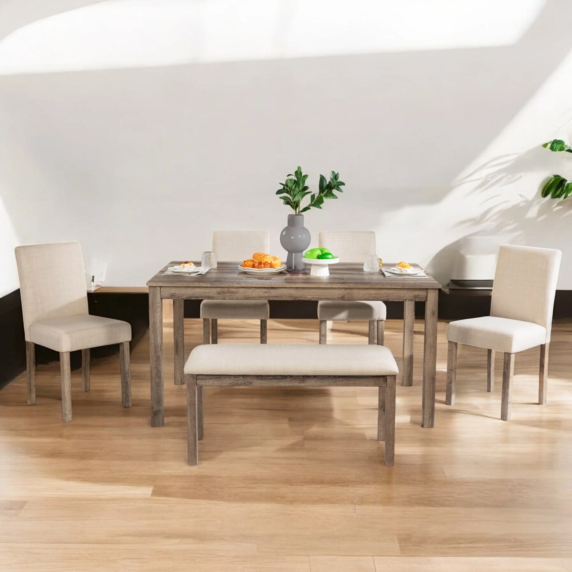 6-Piece Rustic Dining Table Set with Upholstered Chairs & Bench, Wooden Dining Set for Kitchen, Dining Room, Seats 6