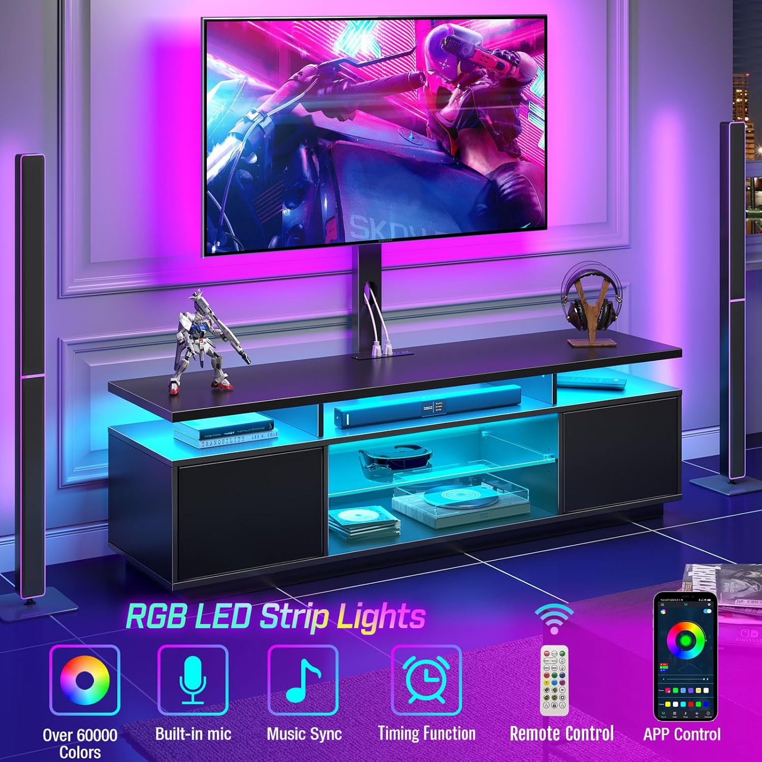 Rolanstar TV Stand with Mount and Power Outlet 51.2, Swivel TV Stand Mount for 32/45/55/60/65/70 inch TVs, Height Adjustable Modern Entertainment Center with Storage & LED Lights, TV Table Black