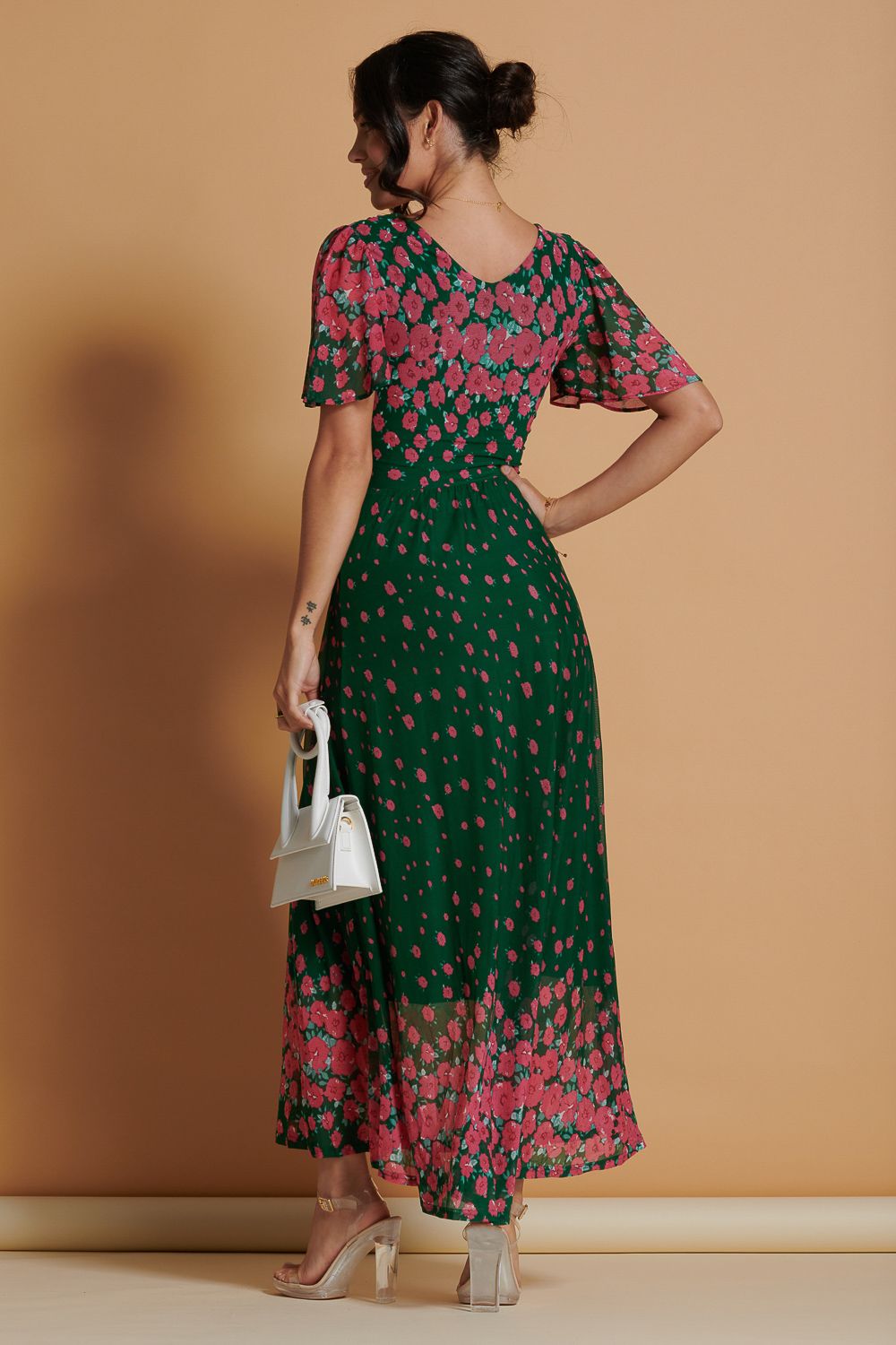 Jolie Moi Mirrored Mesh Angel Sleeve Maxi Dress