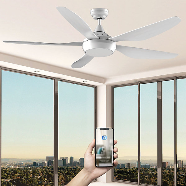 Fanelite - Ventilateur de plafond 137 cm blanc ABACO - Moteur DC 35W - LED 20W dimmable 3 couleurs - Wifi&Contrôles vocaux