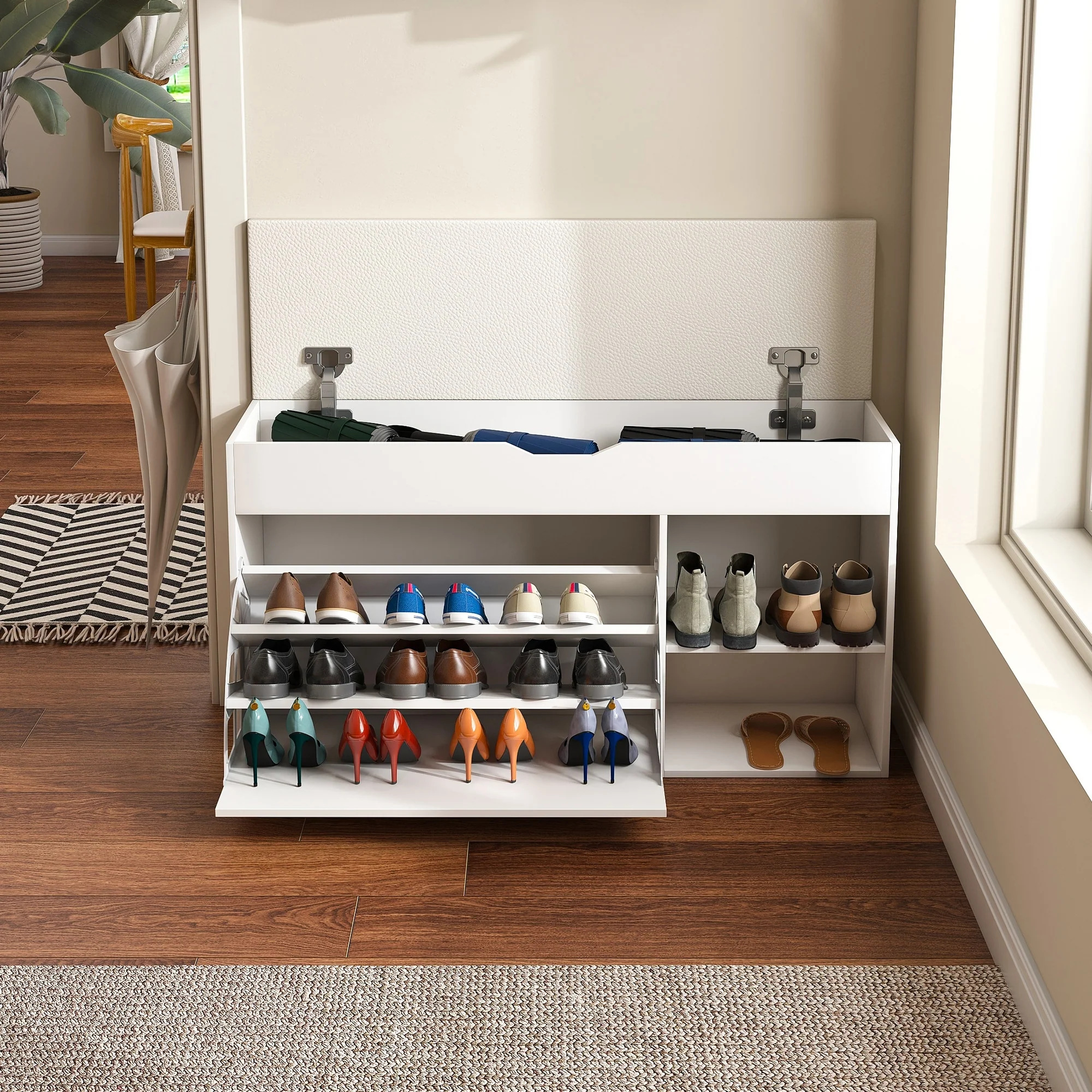 Shoe Storage with Adjustable 3-Tier Flip-Up Drawers & Hidden Cabinet