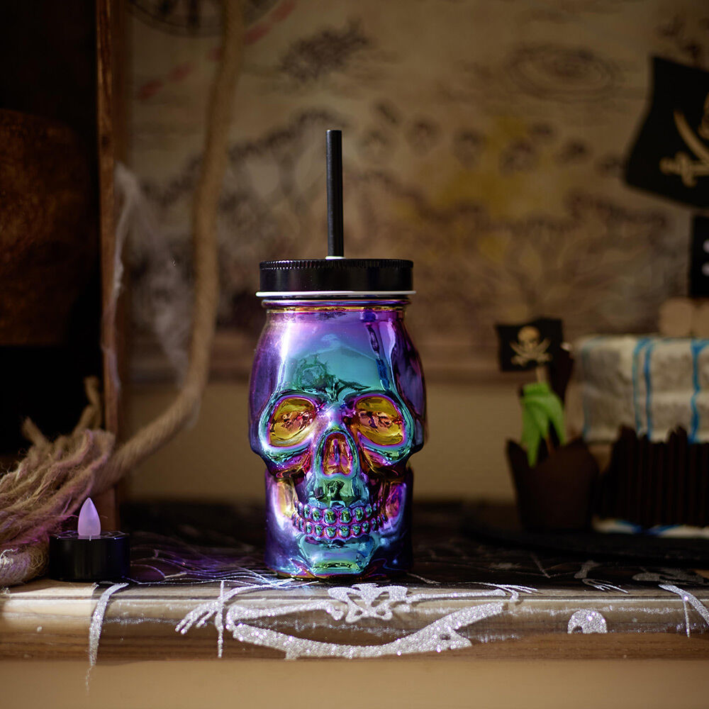 Gobelet verre forme tête de mort couvercle et paille 500 ml