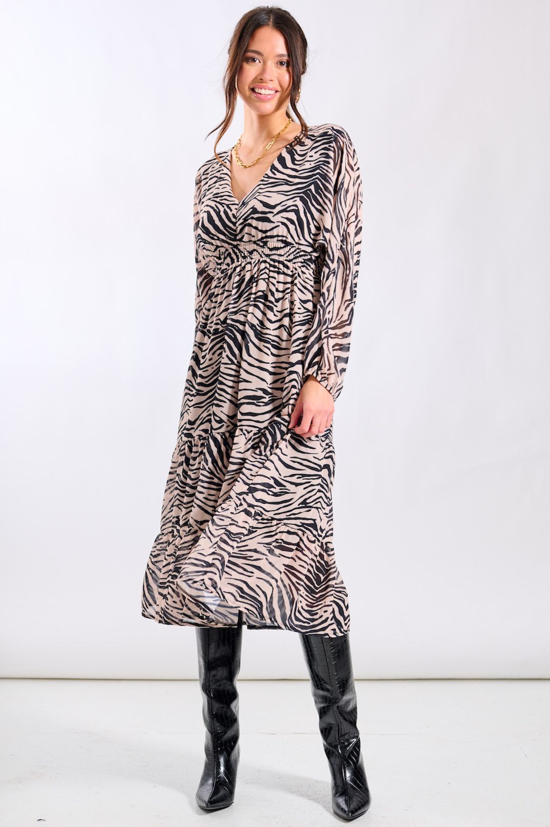 Needs No Label Mono Animal Tiered Chiffon Midi Dress