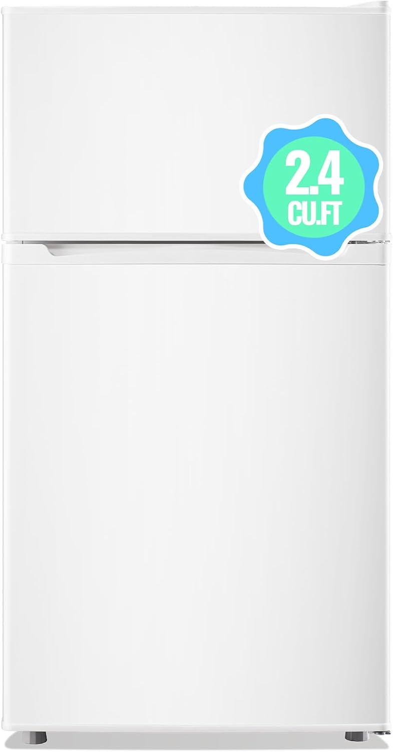DEMULLER 2.4 Cu.ft White Mini Fridge with Top Freezer Dorm Refrigerator with 7 Adjustable Temperature Control & Ajustable Feet, Small Fridge Ideal for One Person Use Apt Kitchen Office