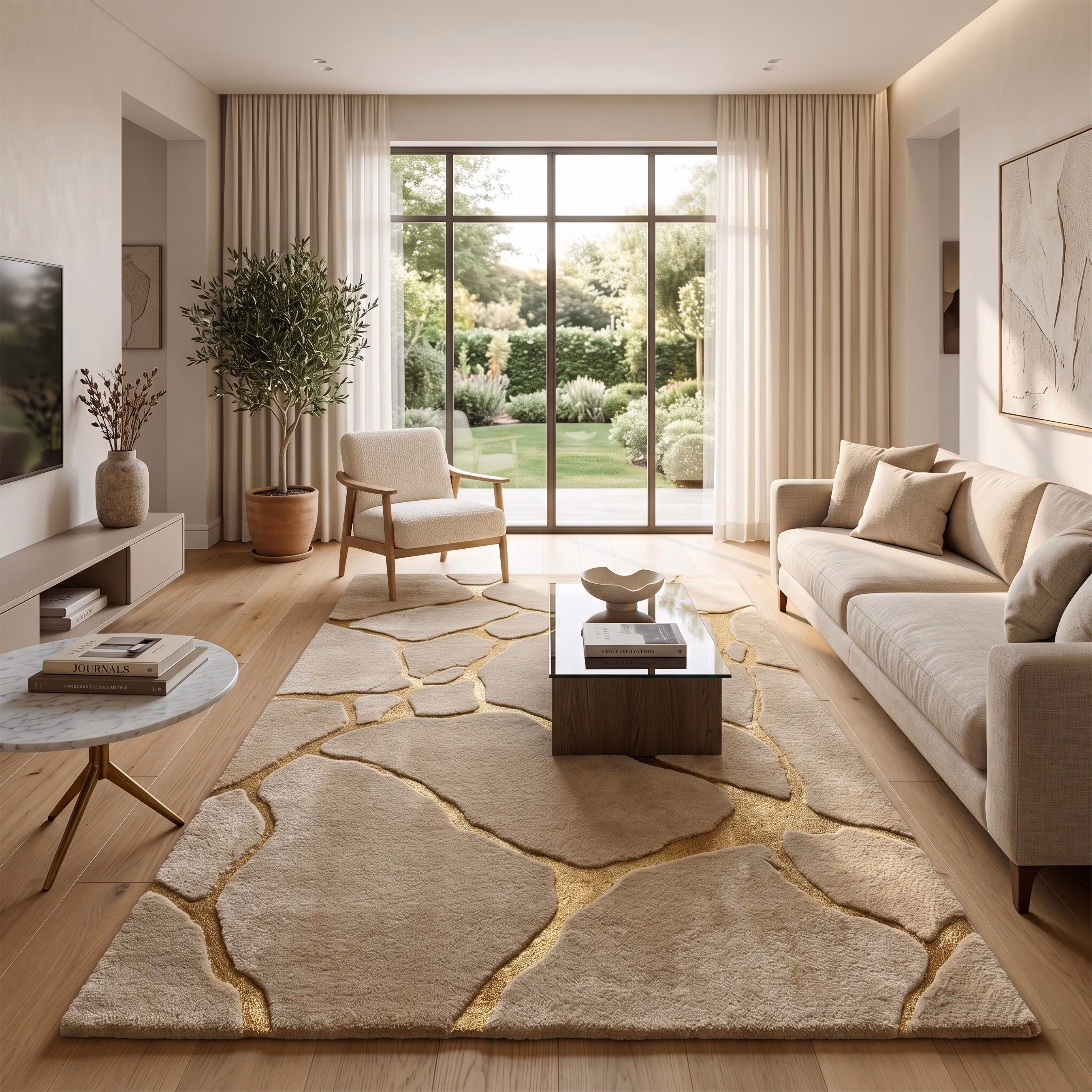 Stone Abstract Wool Rug, Hand Tufted Beige Gold Area Rugs