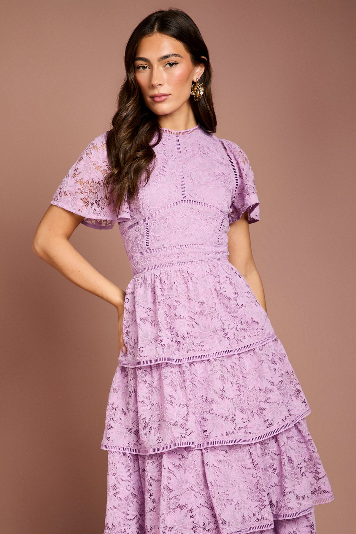 Coast Tiered Lace Dress With Flutter Sleeve & Trims