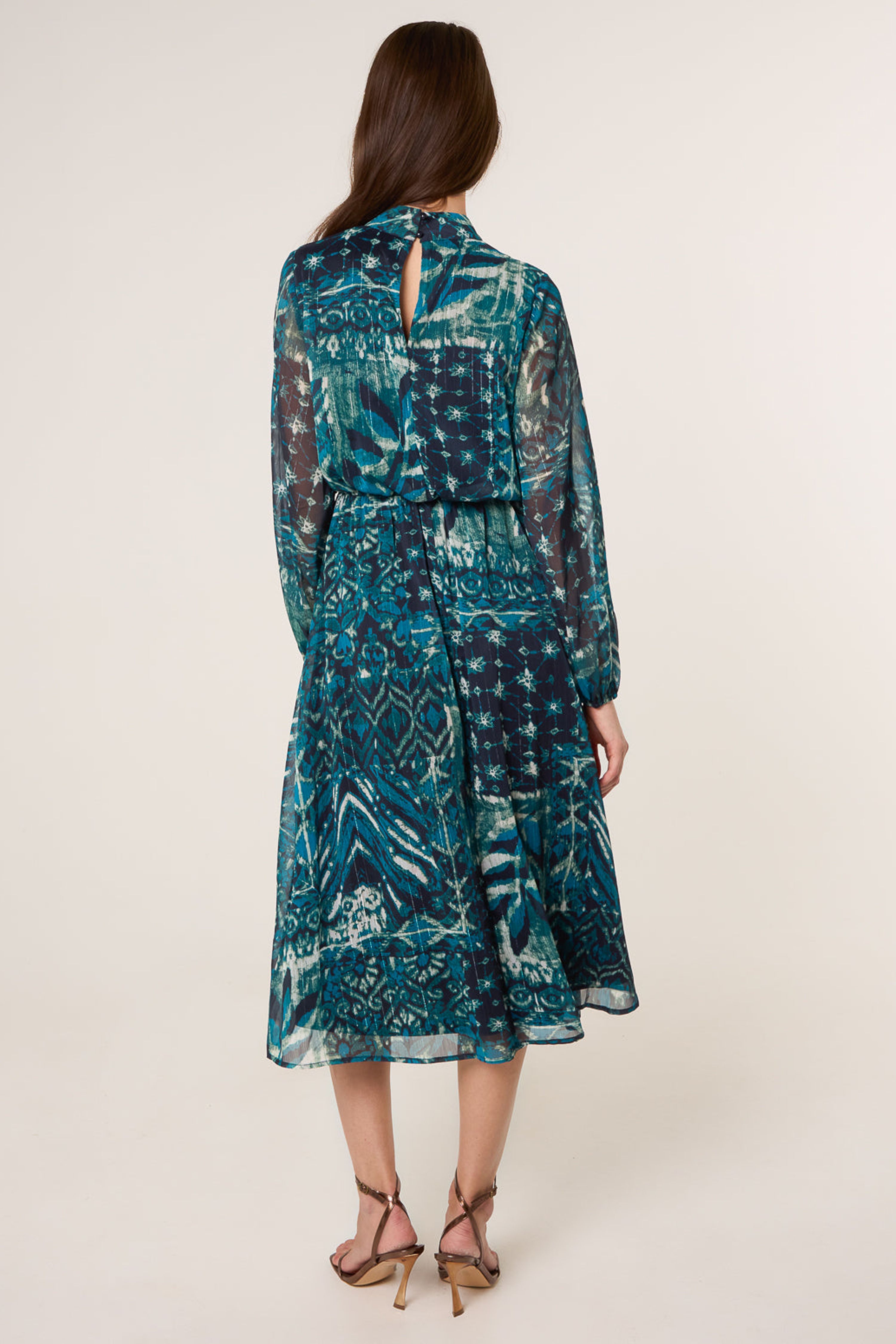 Blue Vanilla Teal Watercolour Paisley Puffball High Neck Midi Dress