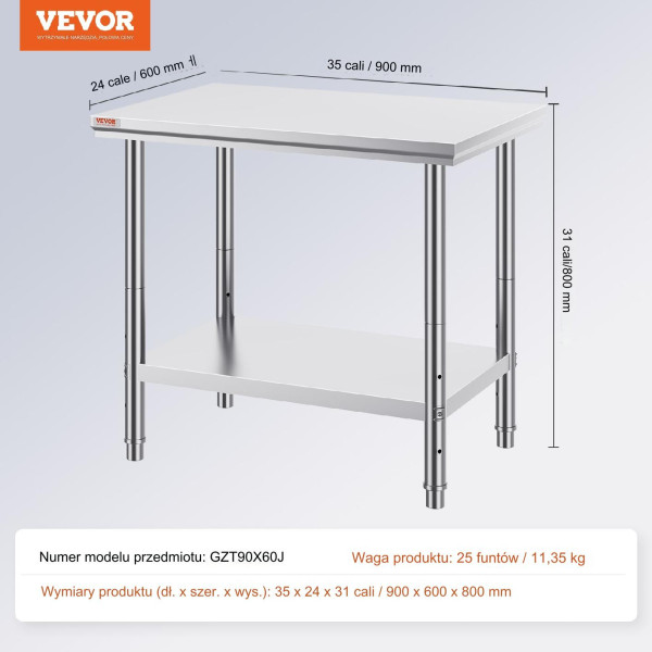 Stół roboczy ze stali nierdzewnej – Nośność 317 kg 90x60x80 cm