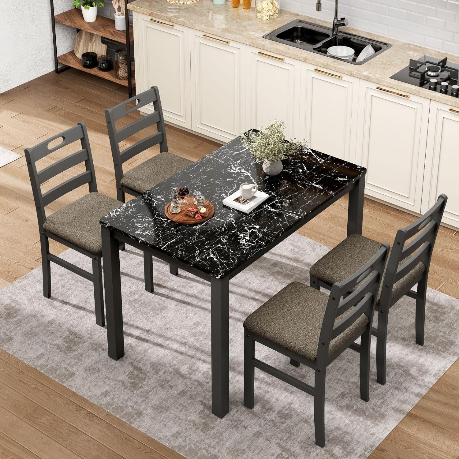 Sophia & William 5 Piece Dining Table Set for 4, Faux Marble Kitchen Table and Chairs Set, Solid Wood Farmhouse Dinner Table Set,Veined Black Marble & Gray