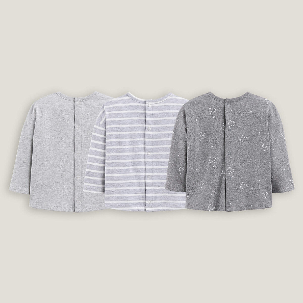 Lot 3 T-shirts manches longues, uni+rayé+imprimé