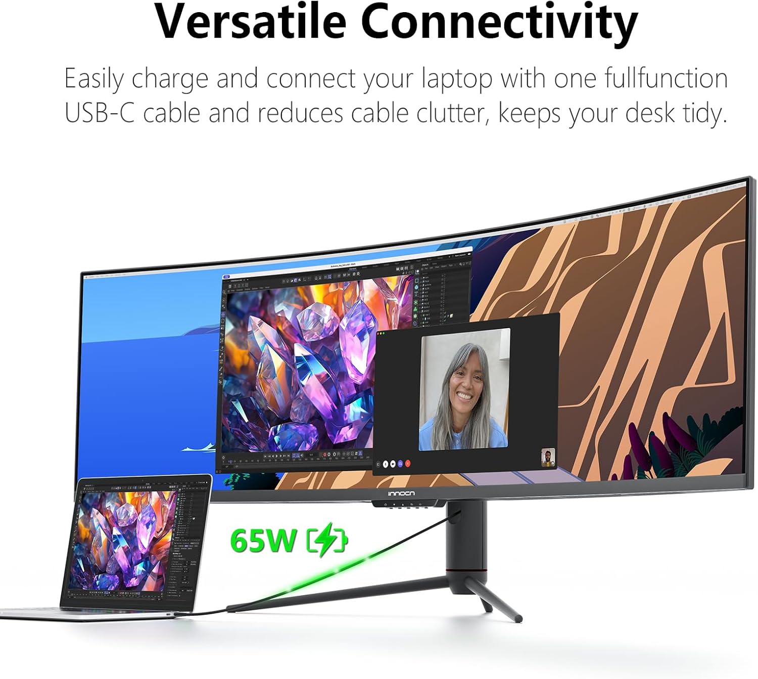 INNOCN 49 240Hz Curved Monitor Ultrawide Gaming QHD 5120 x 1440P Computer Monitor  R1800  99% sRGB  HDR400  USB Type C  DisplayPort  HDMI  Built-in Speakers  Height/Tilt Adjustable - 49C1S