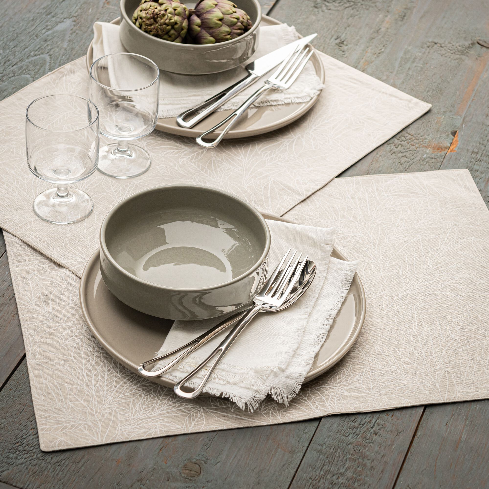 ST REMY - Lot de 2 sets de table en lin et coton motif laurier - beige 35x50cm