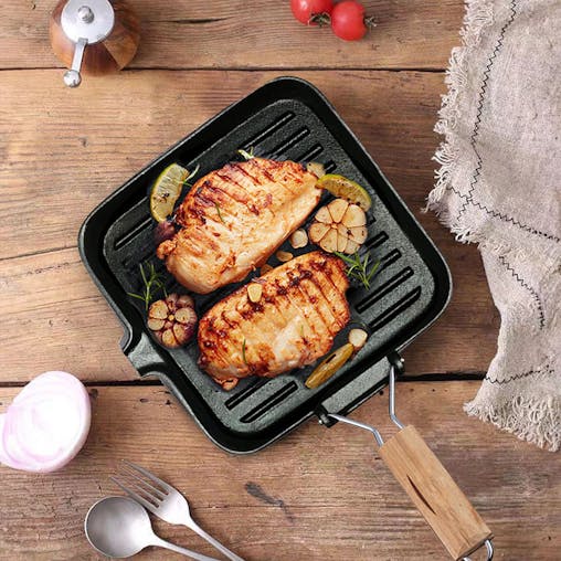 SOGA 2X 24cm Ribbed Cast Iron Square Steak Frying Grill Skillet Pan with Folding Wooden Handle