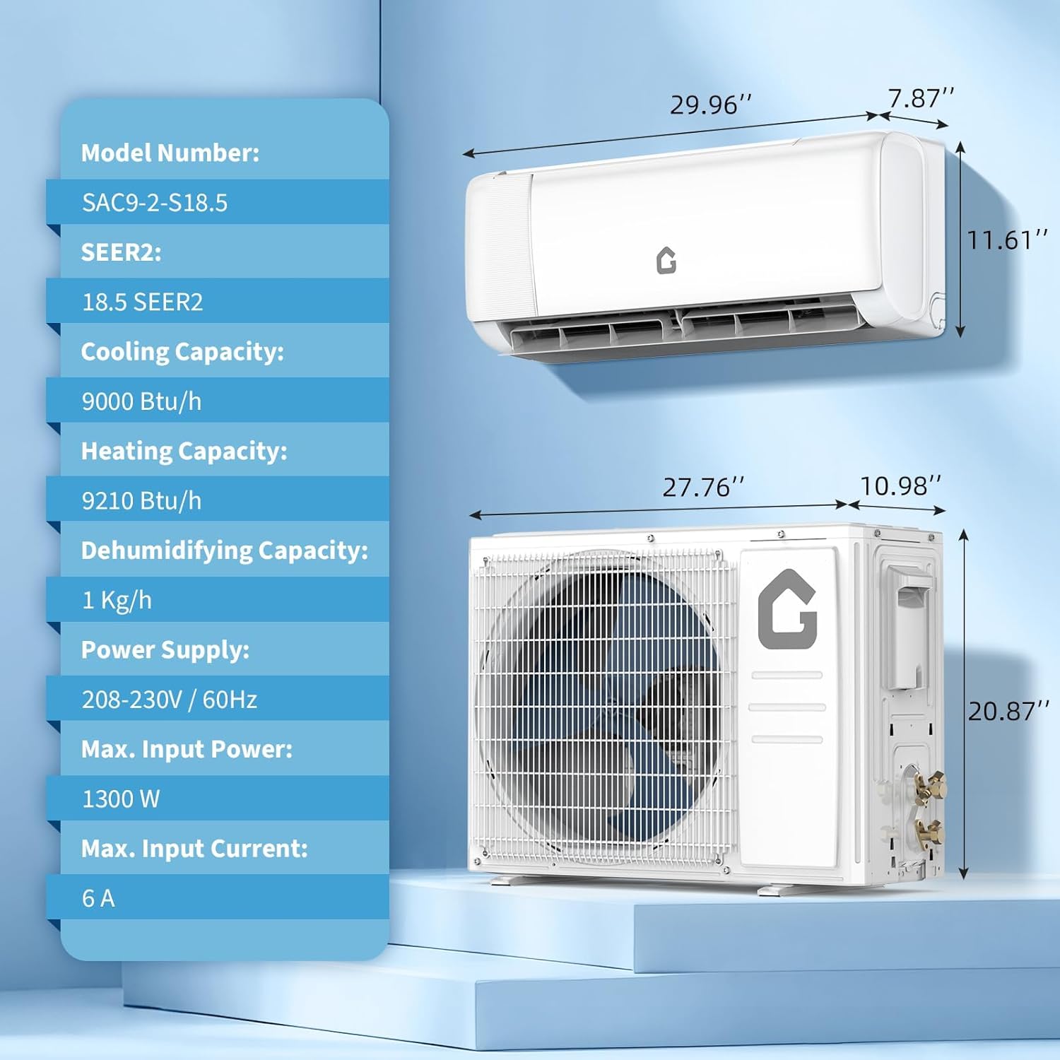 Mini Split Air Conditioner 9000 BTU with 18.5 SEER2 Efficiency, Smart Split Unit AC Cooling/Heating Up to 450 Sq.Ft, Inverter Tech Ductless Air Conditioner with WiFi & Remote Control