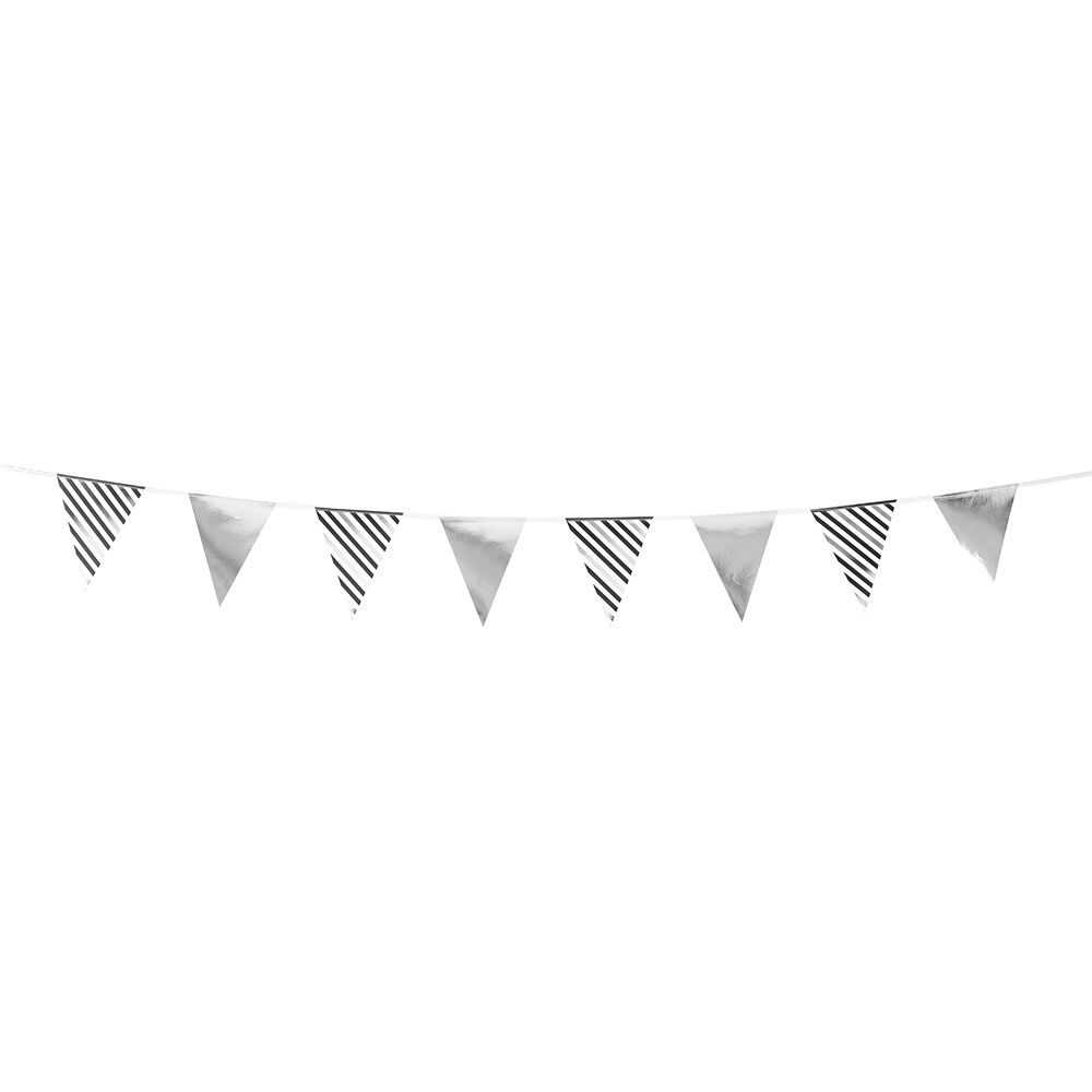 Guirlande à fanions rayée en papier noir, blanc et argent