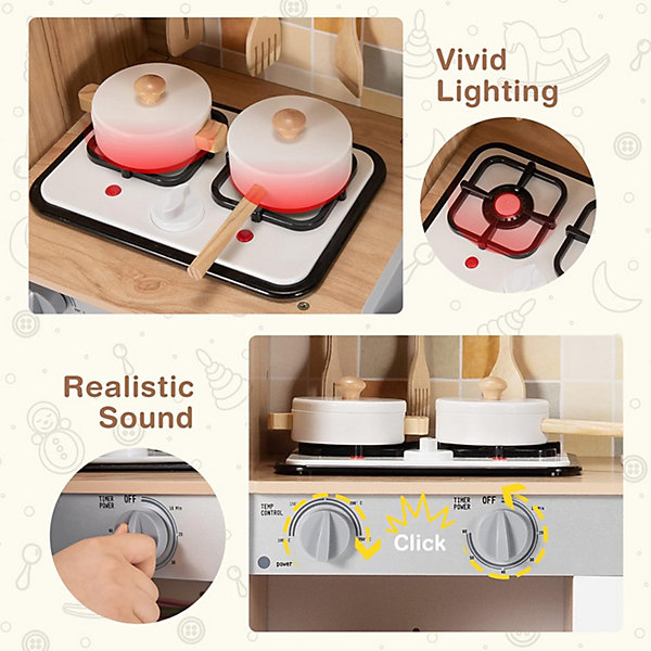 Cuisine Enfants en Bois Jeu de Cuisine avec évier Four Plaque de Cuisson Réfrigérateur Sonores et Lumière