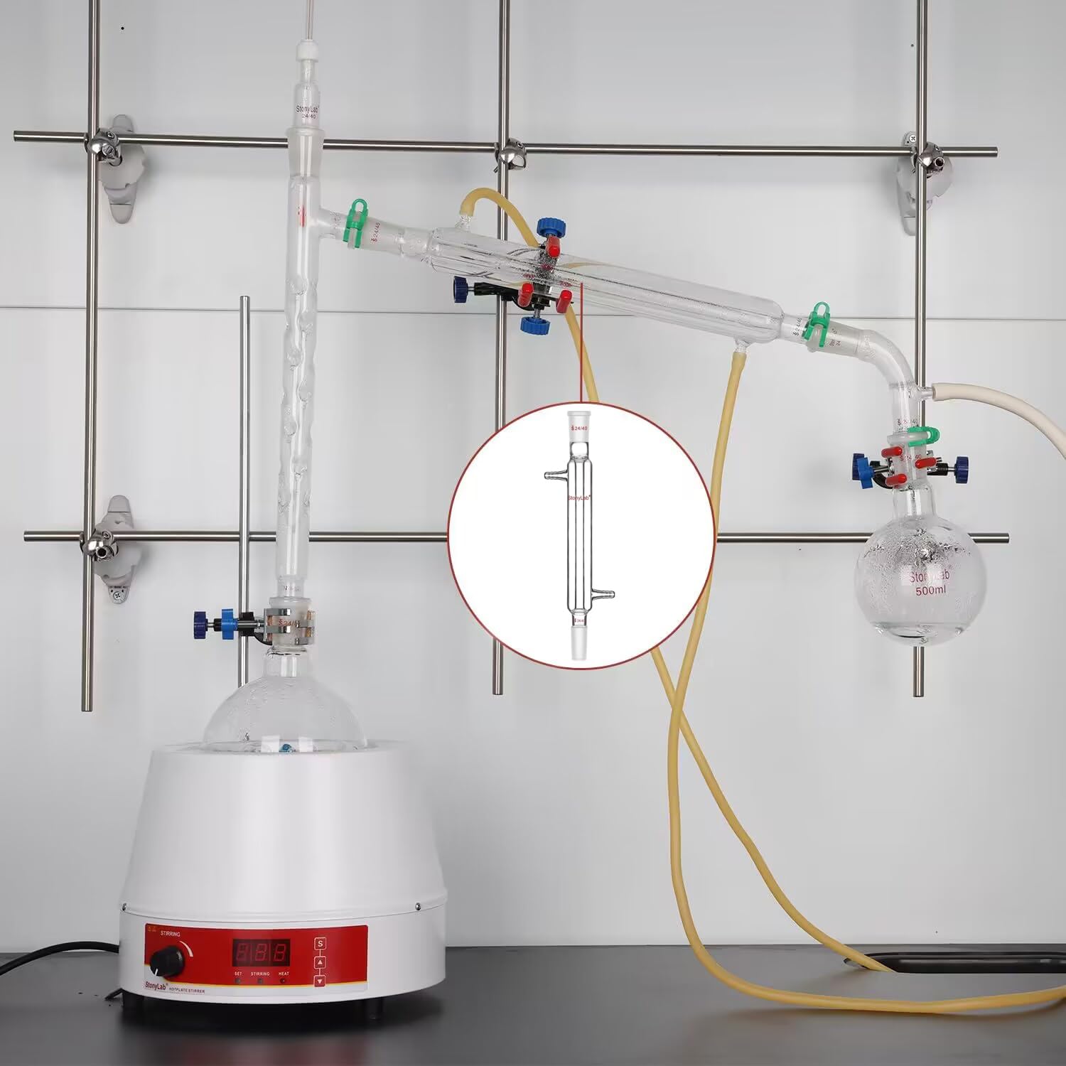 StonyLab Borosilicate Glass Liebig Condenser with 24/40 Joint 500mm Jacket Length Lab Glass Condenser