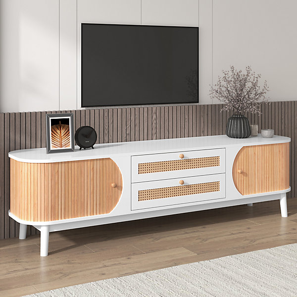 Meuble TV 170x39,5x46 cm blanc et bois avec portes en bois massif et tiroirs rotin, design naturel et pratique