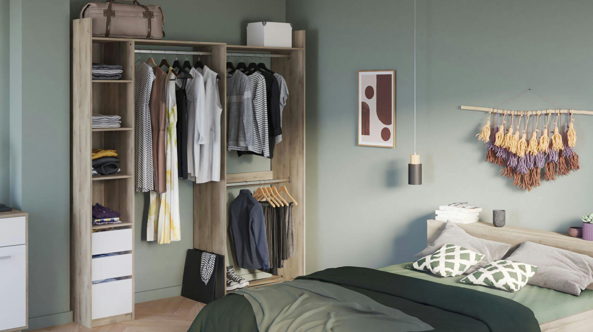 CORENTIN - Dressing extensible d'angle effet bois clair et blanc