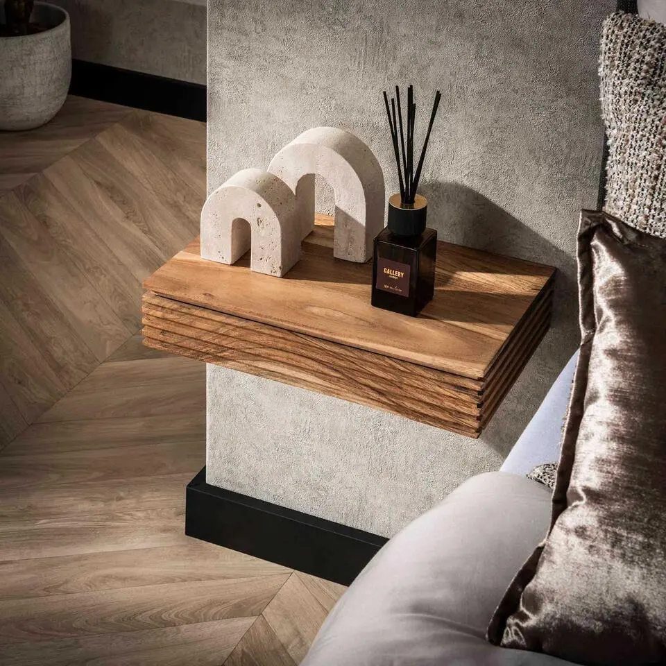 Nachtkastje in massief acacia golfpatroon - 2 stuks