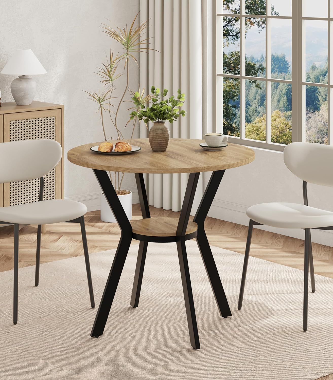 Round Kitchen Tables for 2-4, 31.5 Small Dining Tables with Storage, Rustic Wood Circle Dinner Table with Metal Leg, Farmhouse Dinner Table for Small Space, Dining Room, Kitchen, Office, Apartment