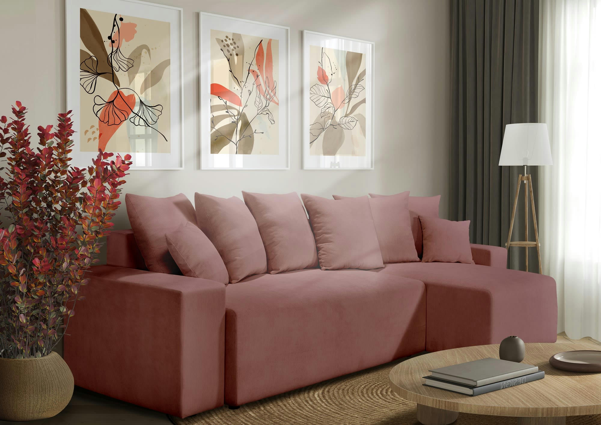 ARTHUR - Canapé angle convertible 3 places  en velours côtelé terracotta