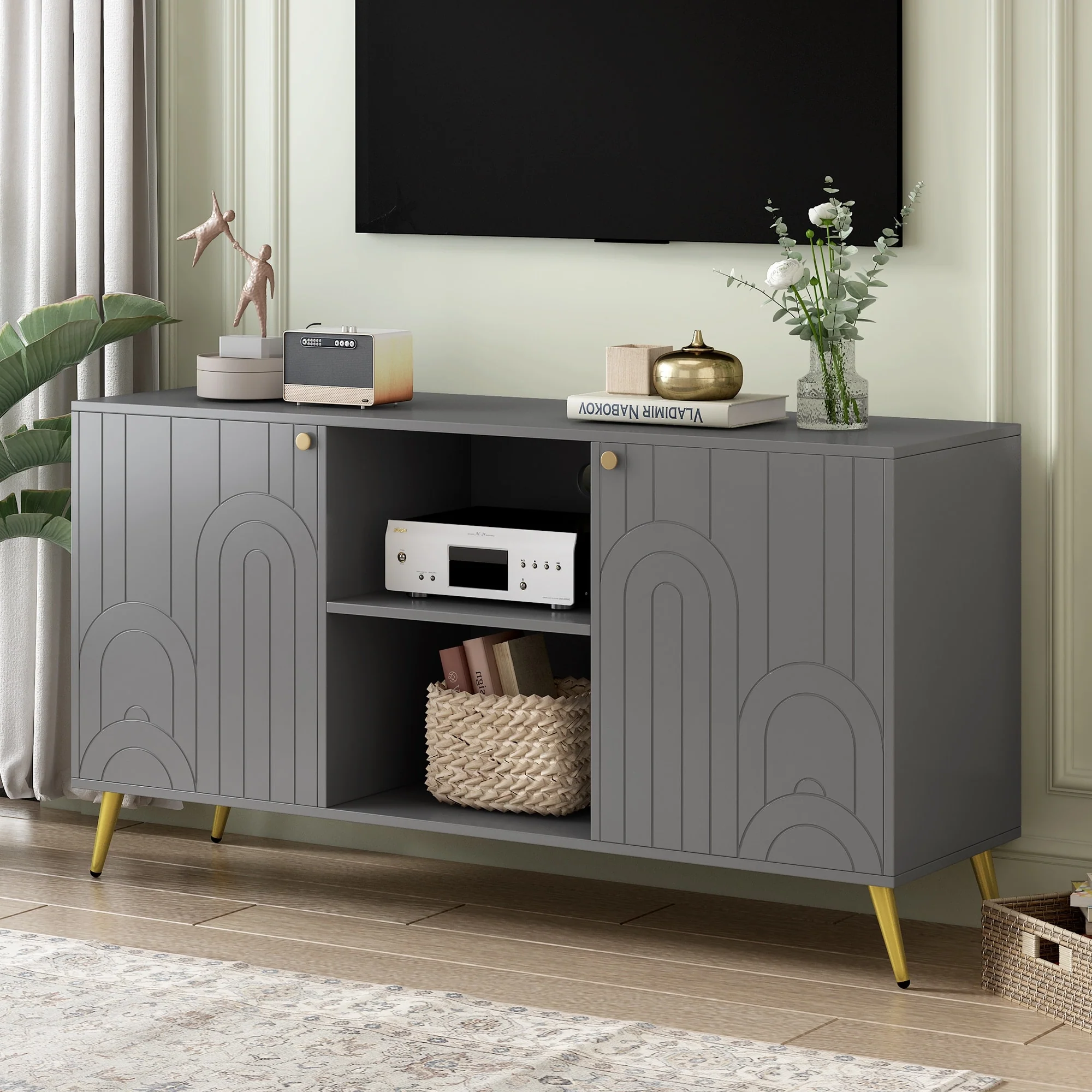 53.1-Inch Modern TV Stand with Metal Legs and Handles, Adjustable Shelf, and Anti-Tip Device for TVs up to 55 Inches