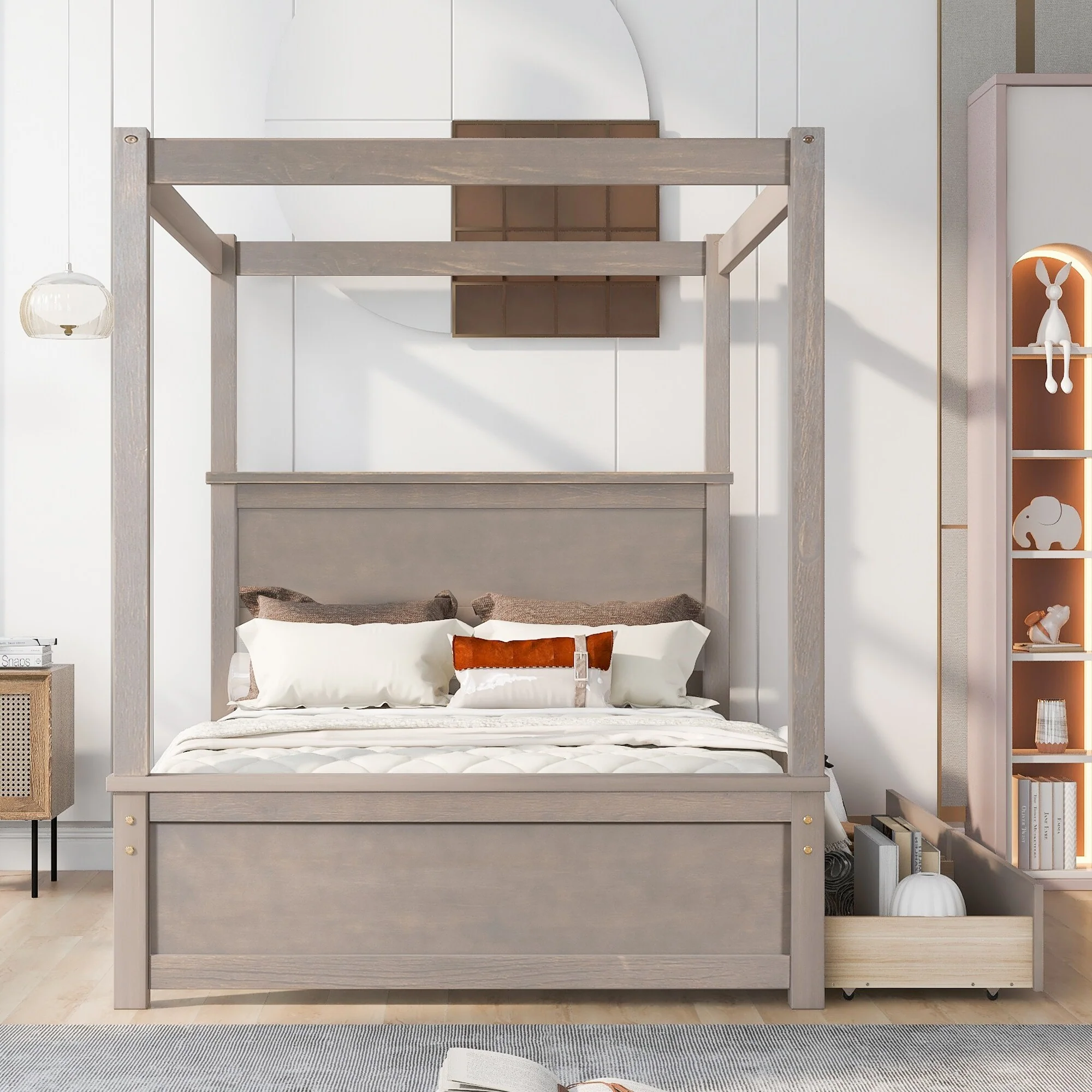 Full Canopy Bed with Drawers and Customizable Design, Space-Saving Wooden Frame