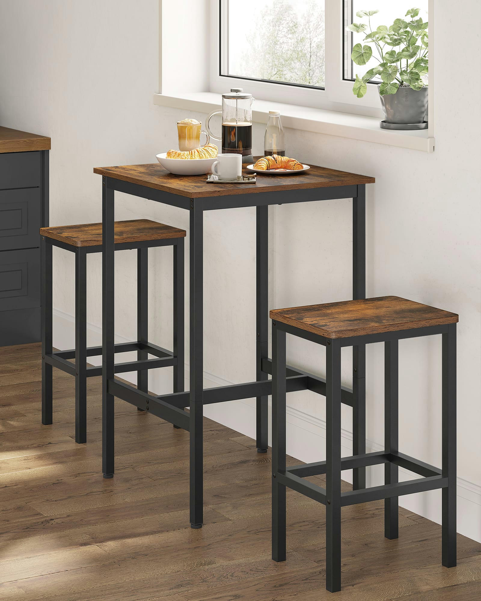 - Ensemble table de bar avec 2 tabourets effet bois marron rustique